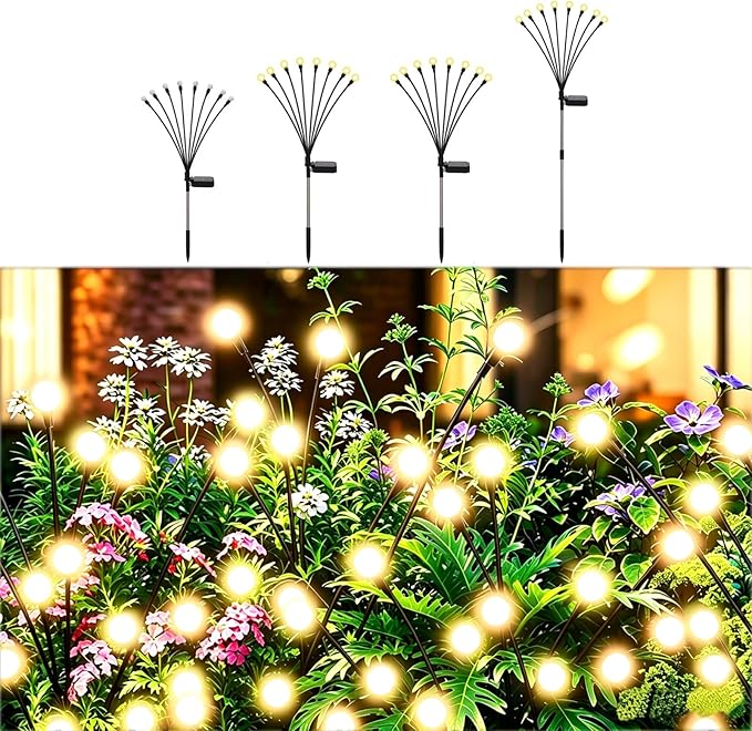 Solar Firefly Lights Warm White, 8 Modes 800mAh Swaying Firefly Yard Lights Solar Powered Outdoor Waterproof for Outside Yard Patio Lawn Pathway Walkway Stake Christmas Garden Decor (4 Pack)