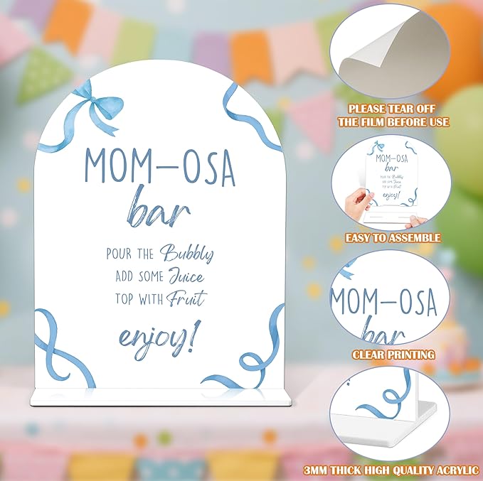 Mom-osa Bar Sign - Blue Bow Baby Shower Sign, 1 Pack Arch Acrylic Sign with Stand, Gender Reveal Party Table Decor, Blue Baby Shower Supplies (SP14)