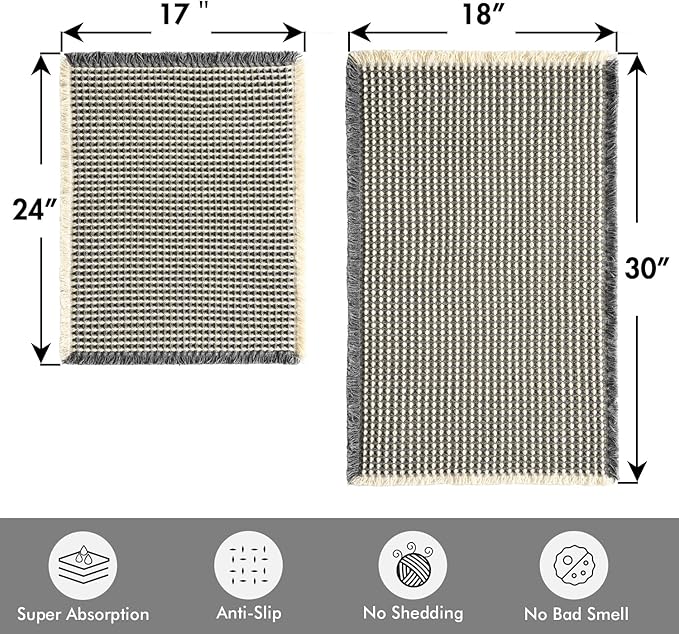 MIULEE Set of 2 Waffle Bathroom Rugs, Boho Bath Rugs Non Slip Washable, Super Absorbent Bath Mats, Ultra Soft Rubber Backed Shower Mats for Bathroom Floor, Tub, Dark Grey & Yellow, 17"x24"+18"x30"