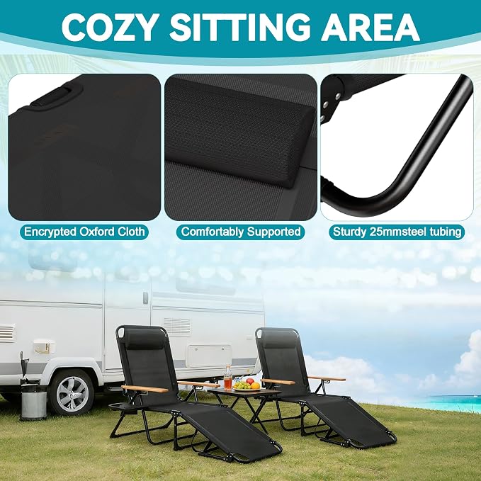 Beach Lounge Chair, Folding Outdoor Chaise Lounge Chair with Arms, 4-Position Backrest, Extended Sun Tanning Chair Pillow & Cup Holder, Patio Lounger for Outside for Beach Pool Patio Yard (Black)