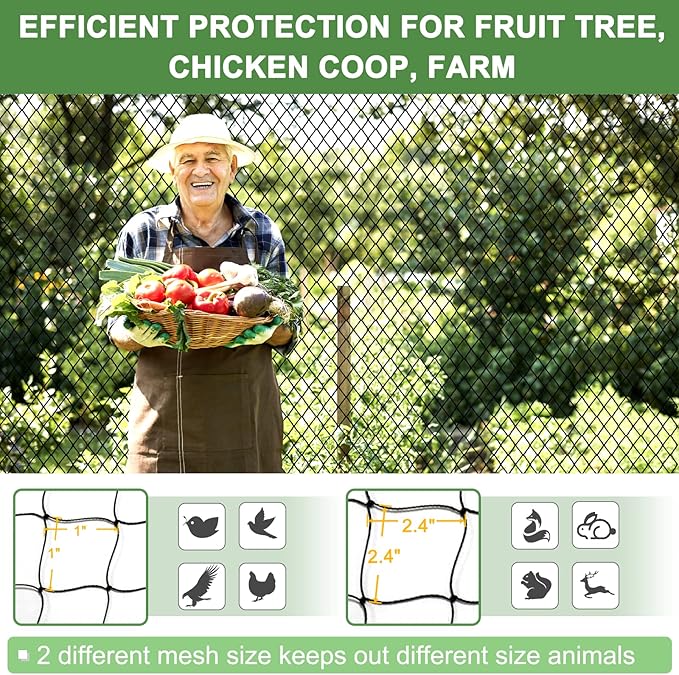 Bird Netting - 50’ x 100’ Garden Net with 1” Square Mesh Protect Fruit Trees from Poultry and Deer, Heavy Duty Garden Netting as Fruit Net, Aviary Netting for Farm, Orchard