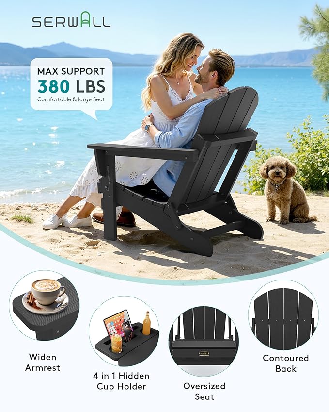 SERWALL Foldable Adirondack Chair Set of 2, Adirondack Chairs with 4 in 1 Multi-Functional Cup Holder, Weather Resistant Plastic Chair for Patio Garden Outdoors Fire Pit-Blue