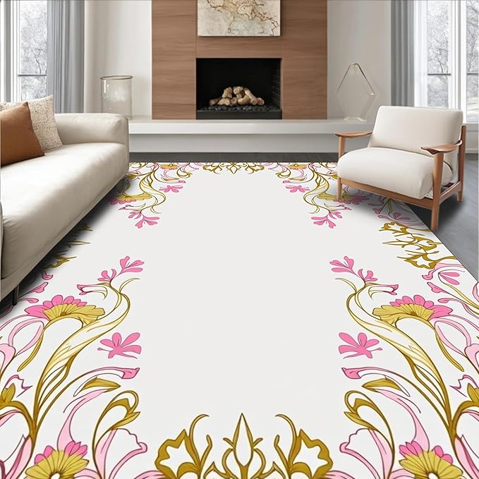 Flatwoven High Traffic Area Rug 2x3, Serene Meadow Flourish with Elegant Trails and Stylized Blossom Accents, Non Slip, Stain Resistant, Washable Area Rugs for Living Room, Bedroom (Pink, 2x3)