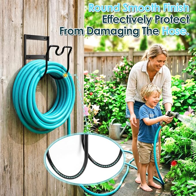 Hose Hanger Wall Mount, Metal Garden Hose Holder with Nozzle Groove for Outside Inside Water Hoses Extension Cords Air Lines, Black, 1 Pcs
