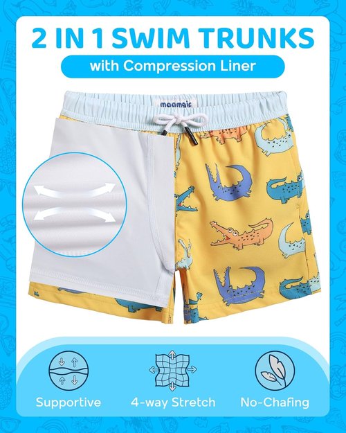 maamgic Boys Swim Trunks with Compression Liner 4-Way Stretch Quick Dry Bathing Suit Toddler Beach Shorts