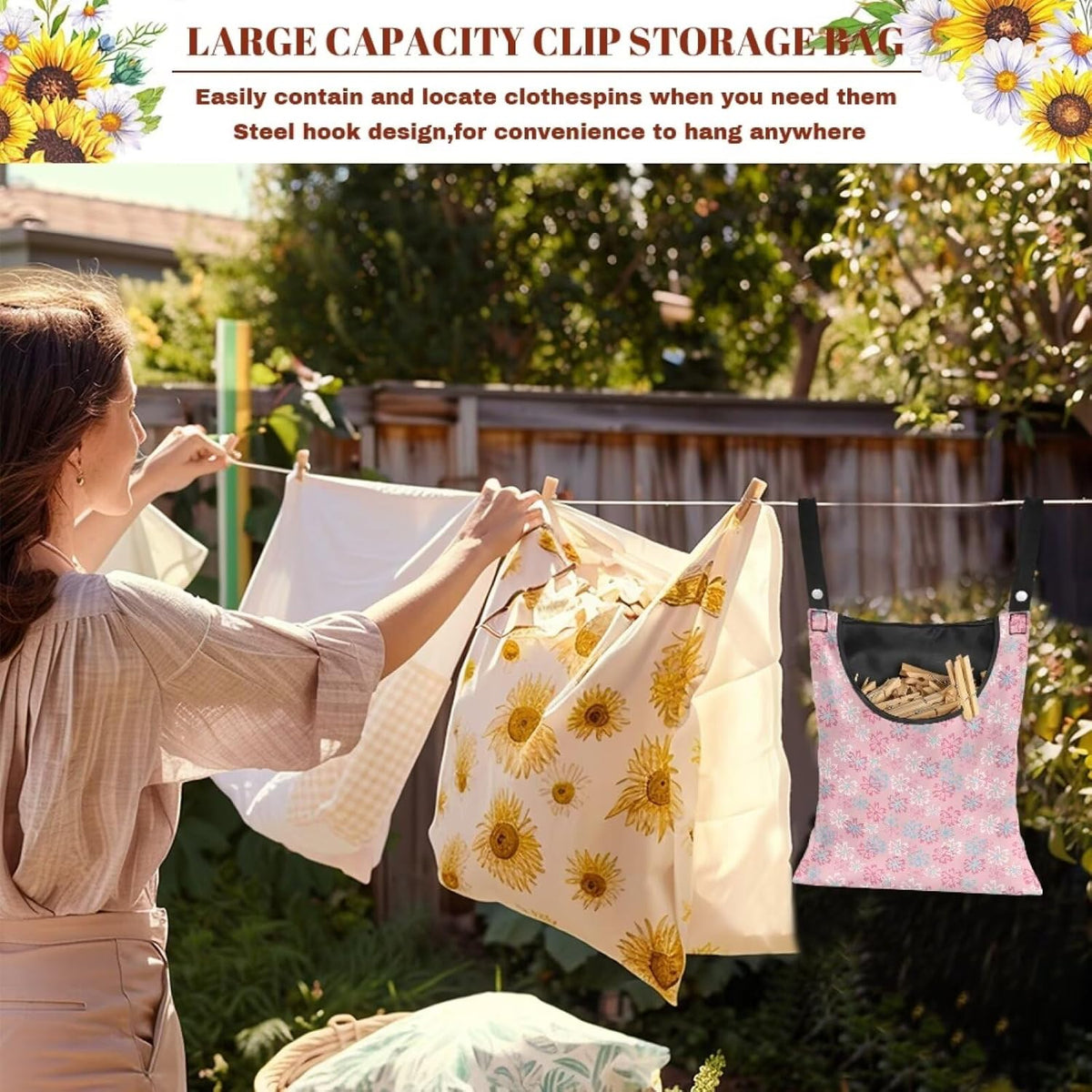 Clothes Pin Hanging Bag, Clothes Pins Bag Holder Outdoor 4.Stylish Clothespin Bag with Hanging Rope for Clothes Pin and Clothespin - Flower Pink