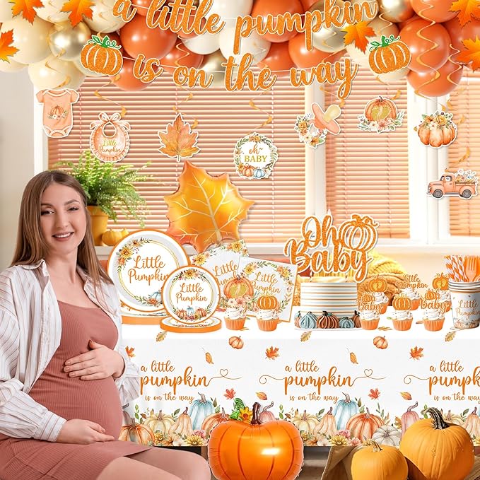 Fall Little Pumpkin Baby Shower Decorations,Fall Plates and Napkins Party Supplies with Pumpkin Plates,Napkins,Banner,Balloons,Cutlery,Yellow Tablecloth for 24 Guests Thanksgiving Festival