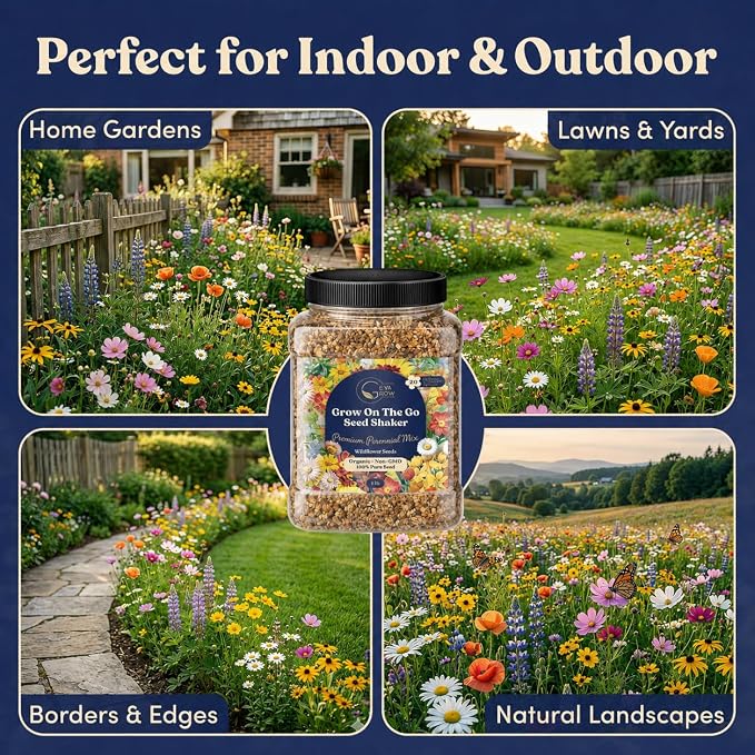 Bulk Wildflower Seed Shaker – Perennial Flower Seeds Mix to Plant Anywhere, by Geva Grow | 20 - Different Type Beautiful Perennial Wildflower Seeds Bulk 900,000+ Seeds, 1 Pound Tub