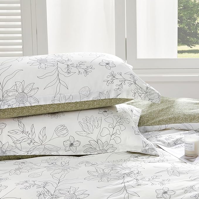 SAPHREAS Drawing Sunflower Duvet Cover Set Queen Size 3pcs Flower Printed White Bedding Comforter Cover Set 100% Cotton 1 Duvet Cover 90"x90" 2 Pillow Shams, Comforter Not Included