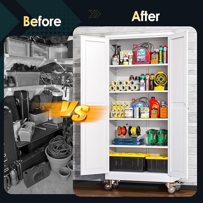 71''H Tall Metal Garage Storage Cabinet with Wheels,Steel File Cabinets with 2 Doors and 4 Adjustable Shelves for Home Office, Warehouse, Required Assembly,White