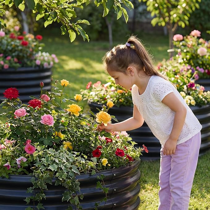 AHEONLAR 3PCS 2x2x2FT Galvanized Raised Garden Bed Kit Round Metal Flower Box Large Planter Raised Beds Outdoor Garden for Planting,Fruit,Herb Black