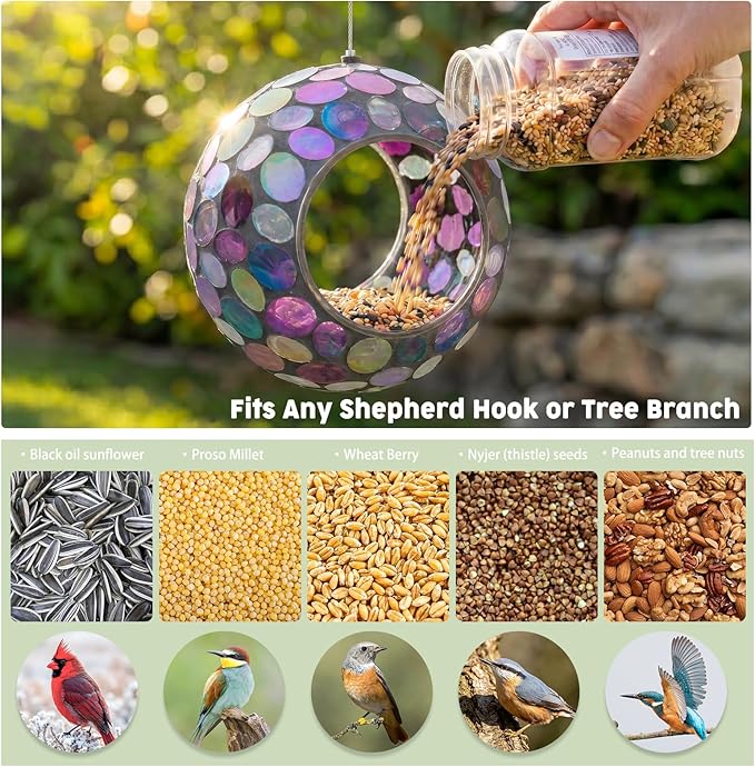 VCUTEKA Mosaic Bird Feeder, Round Glass Container Hanging Bird Feeders for Gardens, Yards, Decks to Attract Wild Birds, 7-Inch Purple
