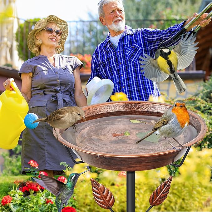 37.8In Metal Bird Bath for Outside, Vintage Birdbaths Removable Feeder Bowl with 5 Prongs Base Stake, Easy to Clean Birdfeeder for Outdoors Garden Yard Lawn Decor(Vintage Brown, Leaf)