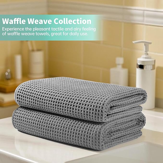 Microfiber Waffle Bath Towels, 4 Pieces, Soft, Absorbent, Fast Drying, Lint Free (Silver)