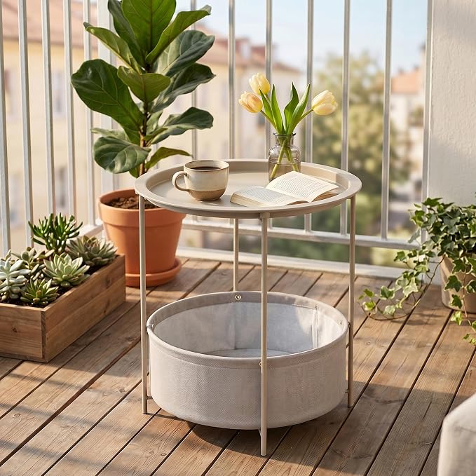 VECELO Round Side/End Table with Fabric Storage Basket，Metal Anti-Rust and Waterproof Small Bedside Nightstand with Removable Tray Top for Living Room，Balcony & Laundry，Grey /1pcs with Basket