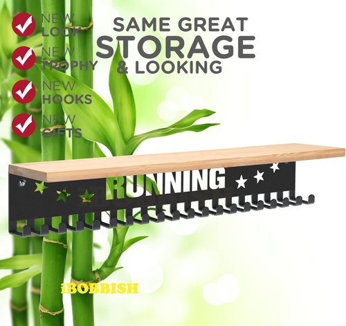 iBobbish Premium Trophy Shelf - Sturdy 16-Inch Metal Display with Hooks for Medals | Large Bamboo Design