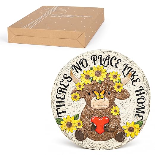 GIGALUMI Garden 10" Stepping Stones Outdoor, High Land Cow Grandma Garden Stones, Hand Print Garden Decorations Walkway, Round Highland Cow Decorative Stepping Stone, Gifts for Grandma, Mom, Sister