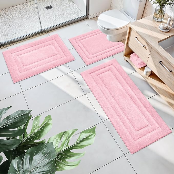 HOMEIDEAS Bathroom Rugs Sets 3 Piece, Microfiber Shaggy Bath Mat Set, Non-Slip Ultra Soft Carpet Mats, Large Rugs with U-Shaped Toilet for Bathroom, Tub, Shower,Pink