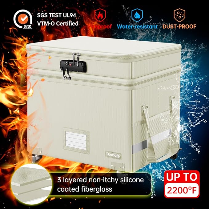 DocSafe Fireproof Document Box with Lock,2-Layer File Box with Wheels,Collapsible File Storage Organizer with Pockets,Large Portable Office Filing Cabinet for Hanging Folders,Beige,16''x13.8''x12.2''