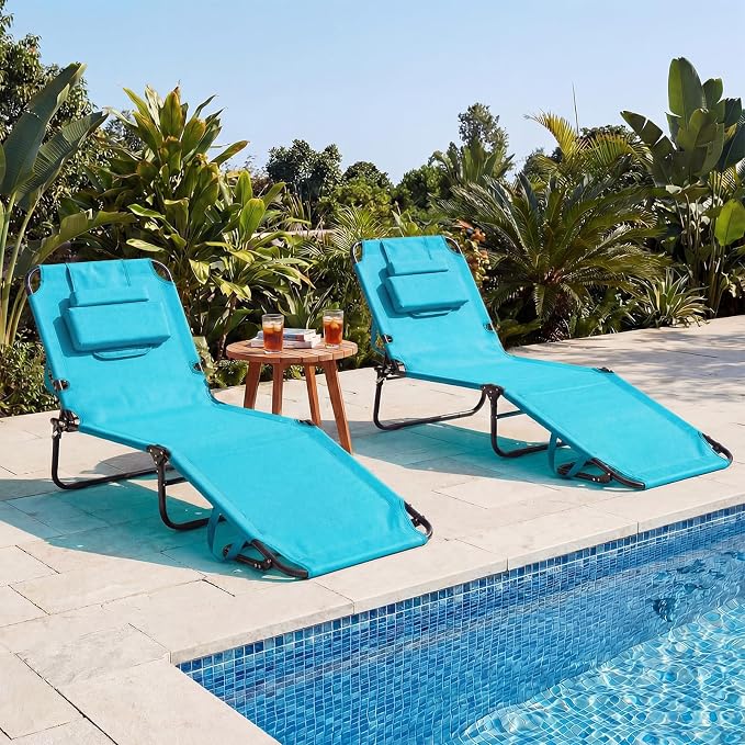 GYMAX Tanning Chair, 330lbs Beach Lounge Chair with Face Hole, Detachable Washable Pillow & Carry Strap, Adjustable Folding Chaise Lounge, Layout Chair for Outside, Patio, Poolside, Lawn (1, Arctic)