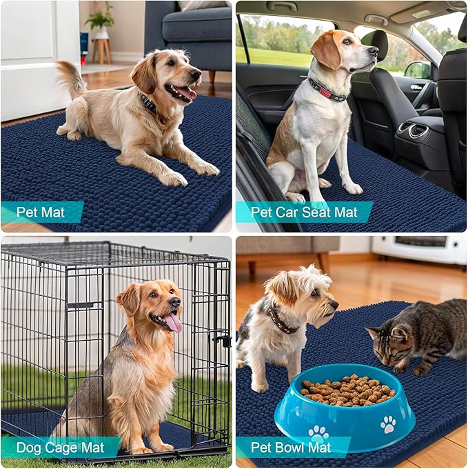 OLANLY Dog Door Mat for Muddy Paws 47x32, Absorbs Moisture and Dirt, Absorbent Non-Slip Washable Doormat, Quick Dry Chenille Mud Mat for Dogs, Entry Indoor Entryway Carpet for Inside Floor, Dark Blue
