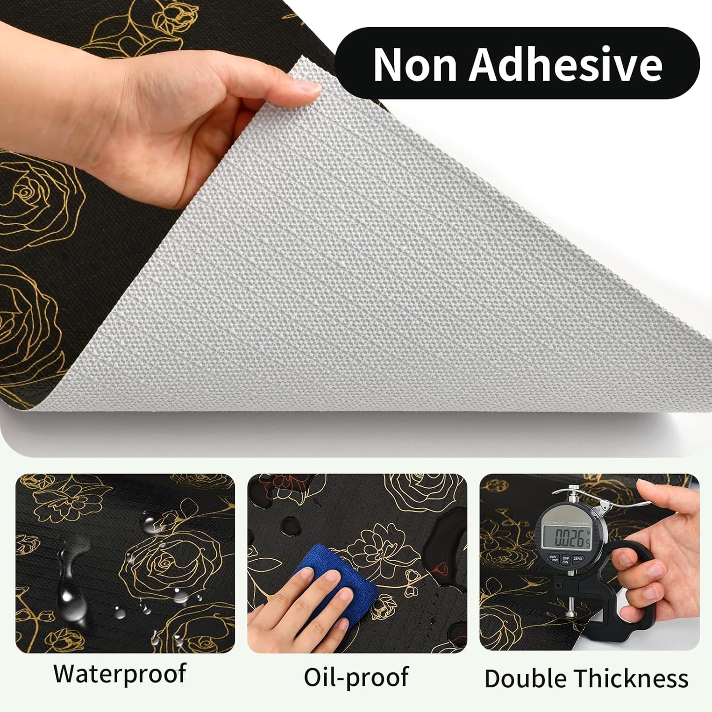 Shelf Liners for Kitchen Cabinets 12in x 30FT Non Adhesive Drawer Liner Black Floral Thickened Shelf Liner Paper Strong Non-Slip Easy to Clean for Tool Box Refrigerator with Knife and Tape Measure