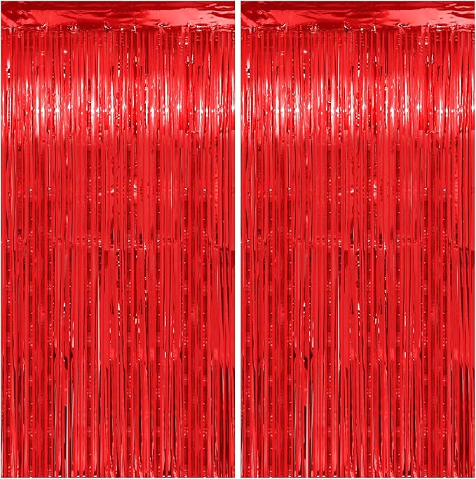 Christmas Decorations Thicken Red Streamers 2 Pack 3.2 x 8.2 FT, Red Birthday Decrorations Tinsel Backdrop Curtains, Foil Fringe Photo Backdrop for Casino, Carnival, Cherry Party Decorations