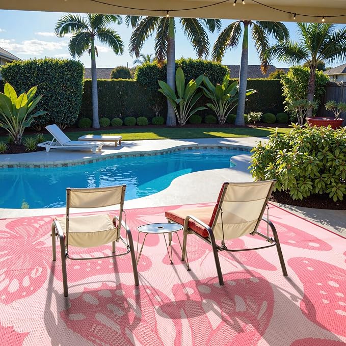 Anidaroel Pink Camping Rug for Outside RV, 8'x10' Waterproof Outdoor Rug for Patio Clearance, Reversible Plastic Straw Outside Rug, Outdoor Camping Mat for Deck, Camper, Backyard, Picnic(Pink,8‘X10')