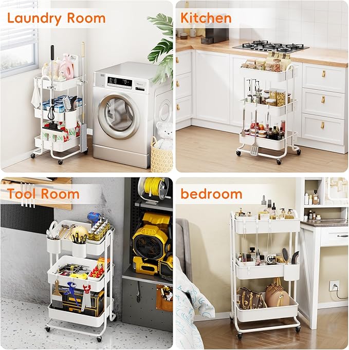 3 Tier Metal Rolling Utility Cart Organizer, Cleaning Supplies Carts with Lockable Wheels, Hanging Cups, Baskets, Mop Holder Hooks, Kitchen Storage Trolley Cart Laundry Garage Bathroom, White