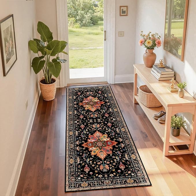 Area Rugs 2'x6' Runner Rug Non Slip Washable for Kitchen Hallway Bedroom Beside Laundry Room Bathroom Rug, Floor Carpet, Black Colorful Floral Dark Tan
