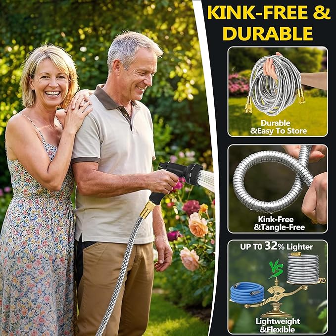 200 ft Stainless Steel Garden Hose - 2026 New Technology Metal Water Garden Hoses with 3/4" Solid Fitting - Lightweight,Ultra Flexible,Durable,Kink-Less Watering Pipes Garden Hoses For Yard, Outdoor