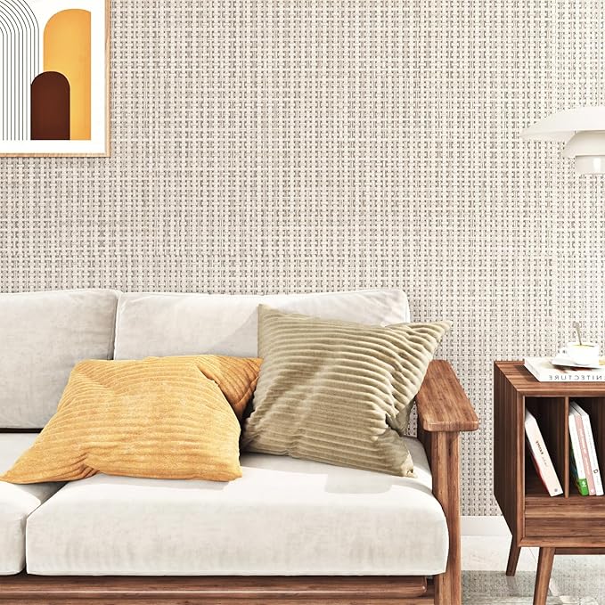FunStick Beige Weave Grasscloth Peel and Stick Wallpaper Textured Wallpaper