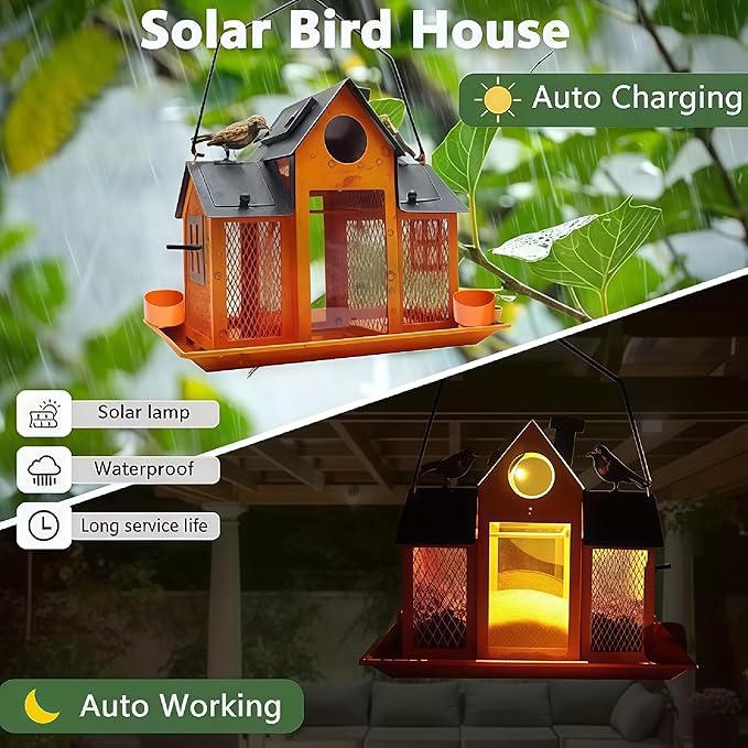 Solar Bird Feeders House for Outside Hanging, Metal Wild Bird Feeder for Outdoors Large Capacity Cardinal Birdfeeder Birdhouses Metal Bird Feeding Station Orange