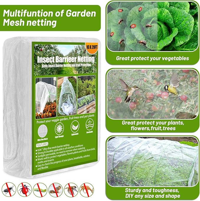 Cludoo 67pcs Garden Mesh Netting Kit,6 Sets Wide Garden Hoops with 10x20 ft Garden Covers Bird Netting& 12 Clips, Garden Protection for Raised Beds Greenhouse Vegetable Plants Flowers Animals
