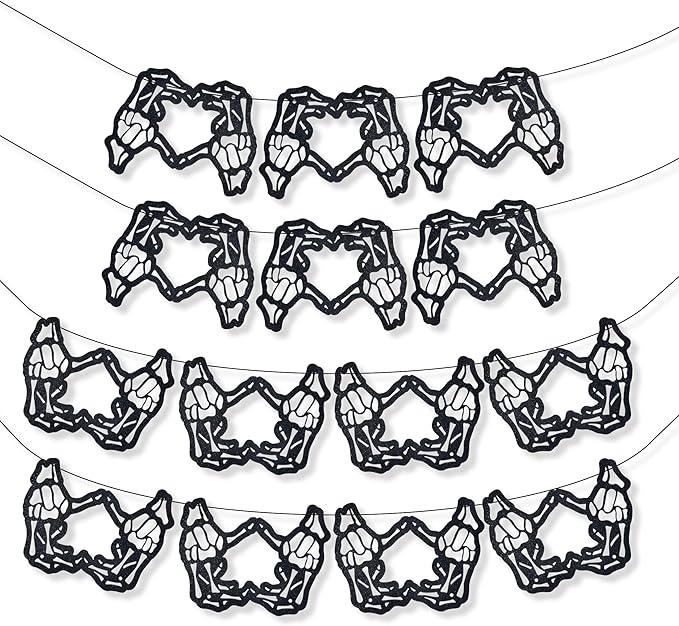 Skeleton Garland, Skeleton Heart Hands Banner, Black Glitter Spooky Hollow Heart Banner, Gothic Birthday Decorations Garland for Bachelorette Party Weddings Halloween Décor(14Pcs Heart)