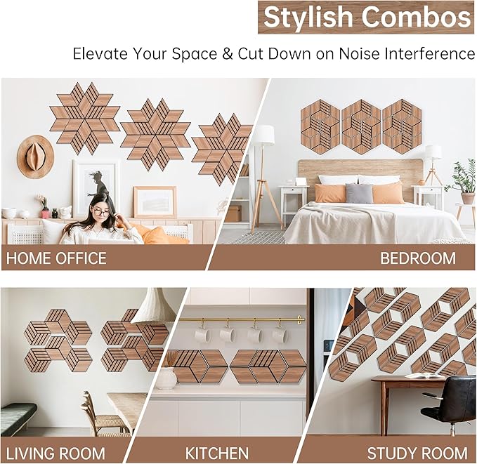Mollywell Acoustic Panels, PVC Wood-Grain, 14x12 Inch Hexagon Carved Sound