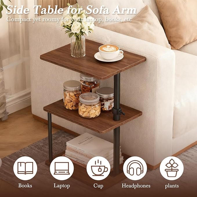 Swivel Side Table for Couch Arm, Height Adjustable C Shaped End Table for Recliner or Bed, Tv Trays with Storage Shelf for Small Spaces- Small Nightstand for Living Room, Bedroom