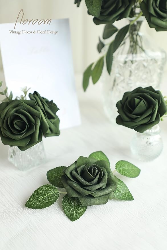 Floroom Artificial Flowers 25pcs Real Looking Forest Green Ombre Colors Foam Fake Roses with Stems for DIY Wedding Bouquets Bridal Shower Centerpieces Sage Green Floral Arrangements Decorations