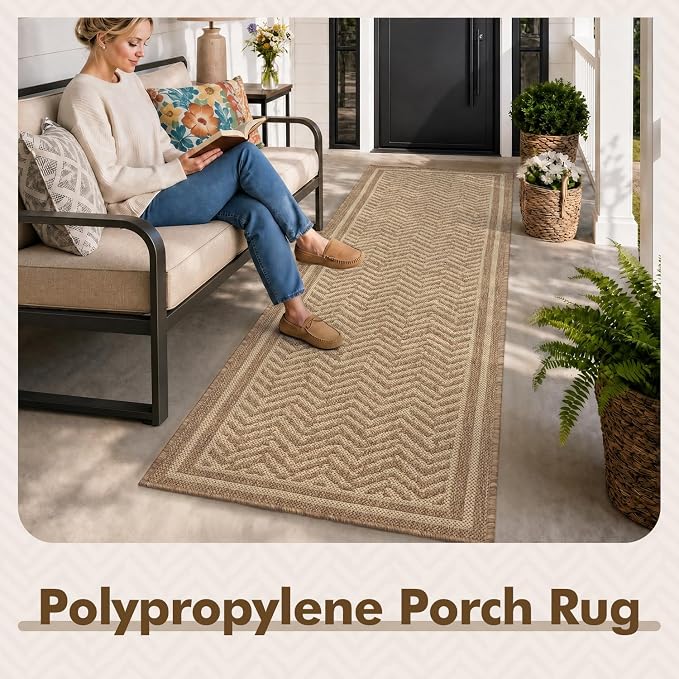 MontVoo-2x6 ft Indoor Outdoor Runner Rugs for Entryway Porch Hallway Kitchen Door Entrance Long, Textured Weave Polypropylene, Durable for High Traffic, Fade-Resistant, Boho Geometric Neutral Brown