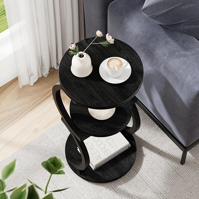 JUSTOGO Small Round Side Table, 3-Tier End Table for Living Room, Vintage Nightstand for Small Spaces Sofa Couch Corner Bedside Bedroom, S-Shaped Wood Accent Table Metal Coffee Table, Black