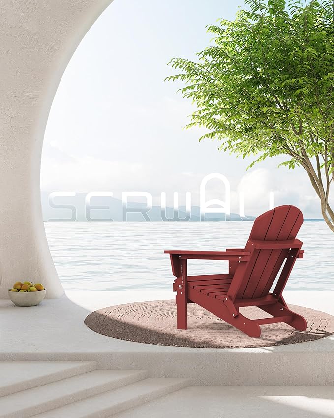 SERWALL Folding Adirondack Chair Set of 6 Weather Resistant Lawn Chairs with Cup Holder for Patio - Red