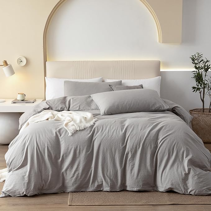 JIYUAN 100% Washed Cotton Duvet Cover Set 2 Pieces Twin, 1 Duvet Cover 68x90 Inches(Comforter Not Included) and 1 Pillowcases,Linen Feel Bedding Set Comfy and Breathable, Heathered Pastel Grey