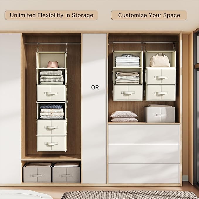 Vailando 6-Shelf Hanging Closet Organizer with 3 Drawers, 2 Separable 3-Shelf Closet Organizers and Storage for Wardrobe Organization, Hanging Dresser for Nursury & Dorm Clothes Organizer, Beige