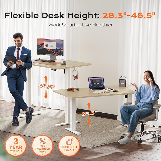 Huuger 63 x 28 Large Electric Standing Desk, Height Adjustable Computer Desk, 27.6" Deep Desktop, Stand up Gaming Office Table with 2 Hooks, 3 Preset Heights, for Home Office, Maple