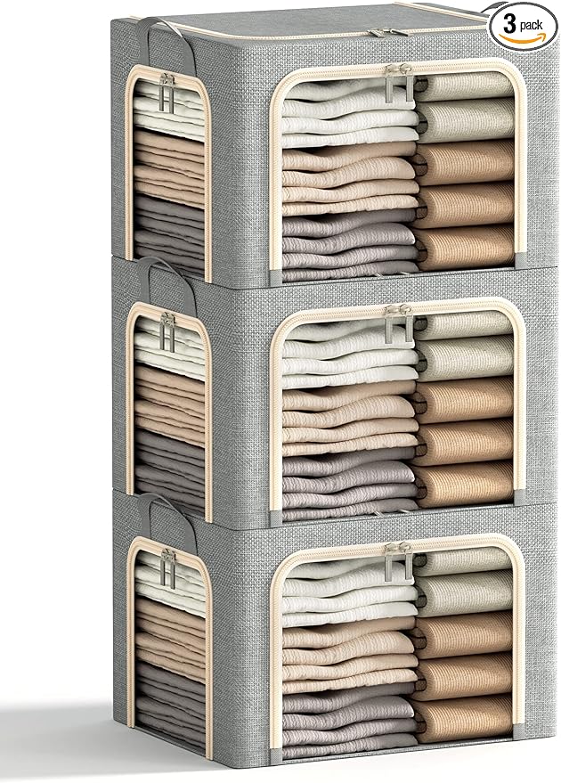 3 Openings Clothes Storage Bins with Metal Frame, Foldable Storage Bin for Clothes, Clothing Storage Bins with Lid, Linen Storage Box With Clear Window＆ Zippers＆ Durable Handles.(3 Pcs,Light Grey,40L)
