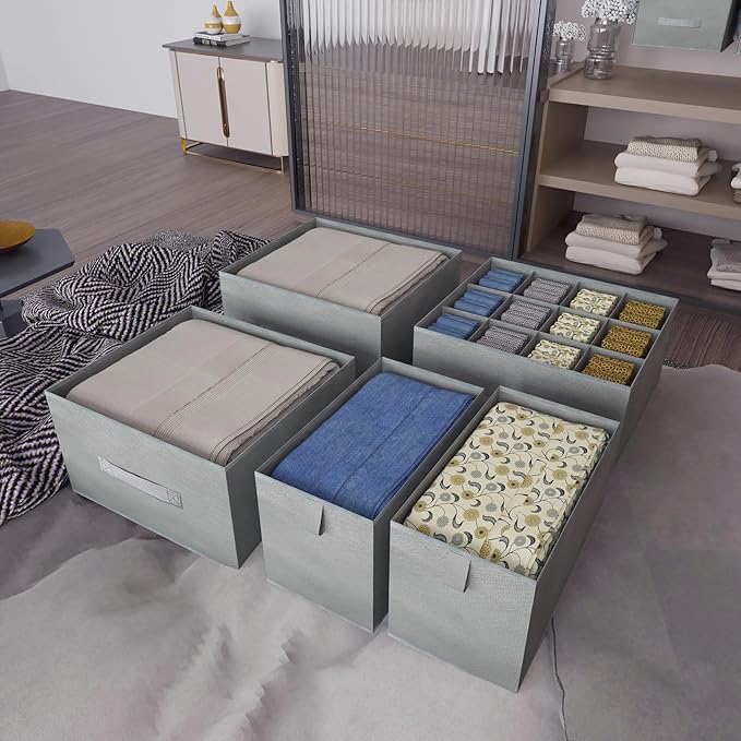 6-Shelves Hanging Closet Organizer with 5 Different Drawers, Foldable Closet Organizers and Storage for Wardrobe, Closet& RV, Clothes and Accessories Storage, Non-woven fabric, Gray