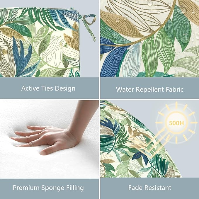 LVTXIII Outdoor Seat Cushions Seasonal Replacement Chair Cushions, Patio Chair Pads with Ties for Dining Chairs and Garden Furniture, Square Back, 18.5"x16"x2", 2 Pack, Lush Leaf Green