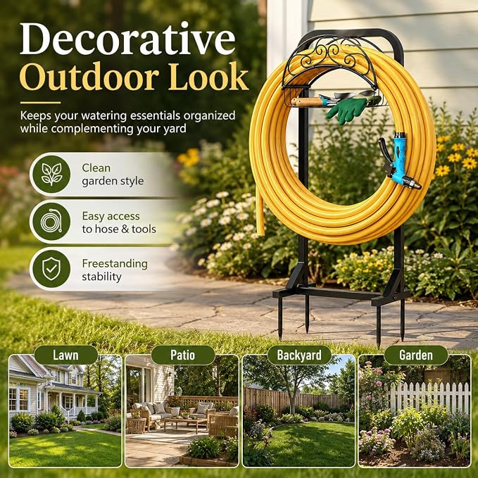 Garden Hose Holder Water Hose Reel Stand with Storage Basket Holds 160ft, Heavy Duty Freestanding Hose Stand with Triangular Base, Metal Hanger for Outside Yard Lawn, Black