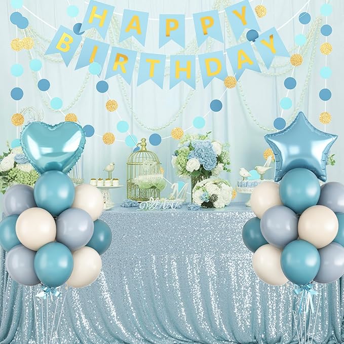 Blue Birthday Party Decorations for Boys Men Dusty Blue Sand White Balloon Set with Star Heart Foil Balloons Happy Birthday Bunting Banner Garland Navy Light Cream Beige Party Decor Kit Baby Girls