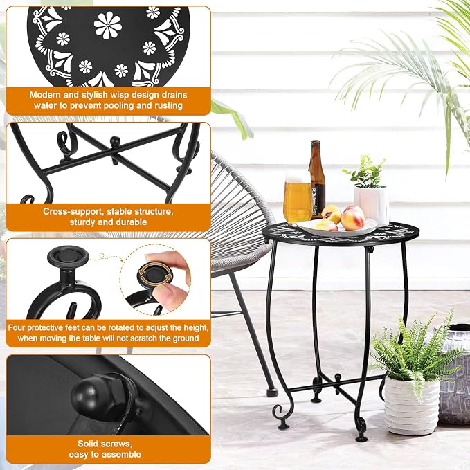 14 Inch Outdoor Side Tables for Patio, Weather Resistant Steel Patio Side Table, Small Round Outdoor End Table Metal Side Table for Patio Yard Balcony Garden Black (Color3-Flowers)